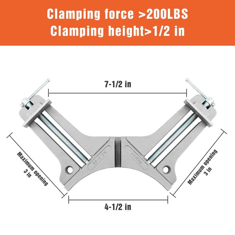 PONY 2-Piece 90 Degree Corner Clamp Set, Featured with 3"" Maximum Opening, 200 lbs Clamping Force & 1/2"" Clamping Height, Aluminum Alloy Body, Adjustable Right Angle Clamps for Multiple Projects - Image 3